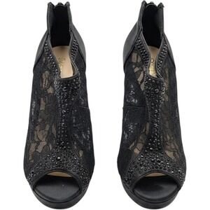 J. Renee Yael-3 Black Lace Rhinestone Peep Toe Bootie Heels Womens 8.5 J8-102 O8